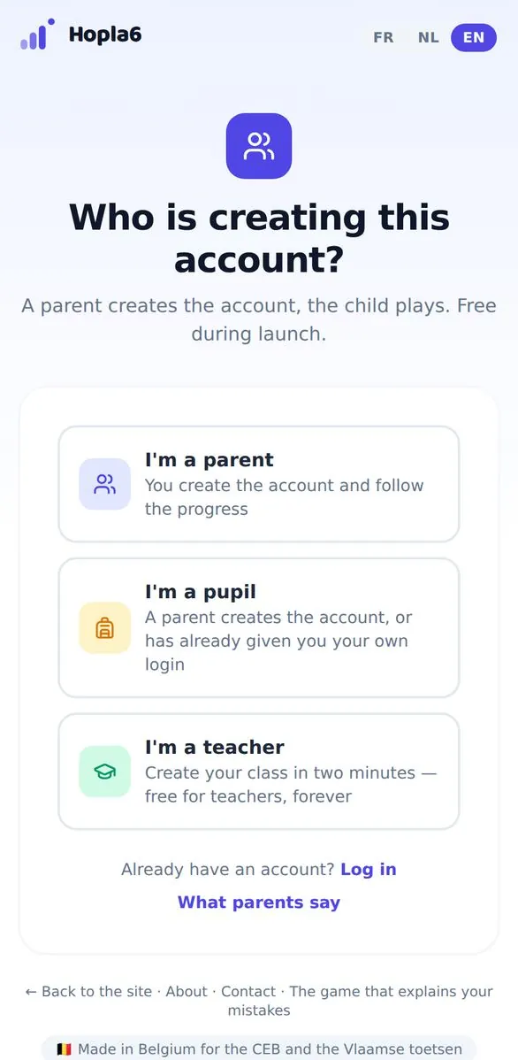 The sign-up page, with the three profiles.