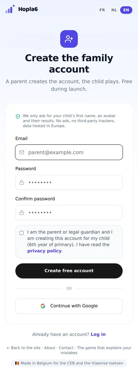 The form: email, password, confirmation, tick box.
