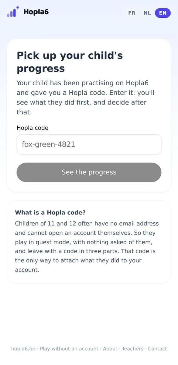 The screen for picking up a Hopla code.