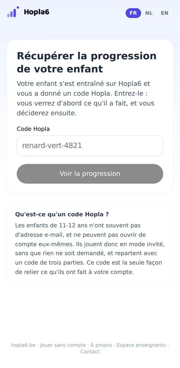 L'écran de récupération du code Hopla.