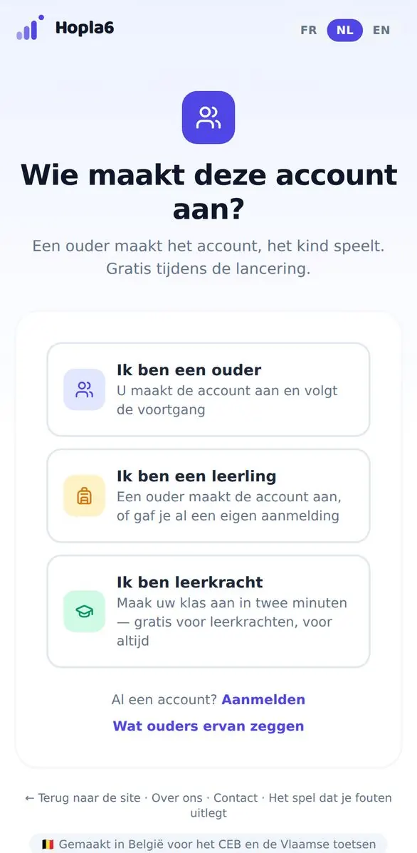 De aanmeldpagina met de drie profielen.