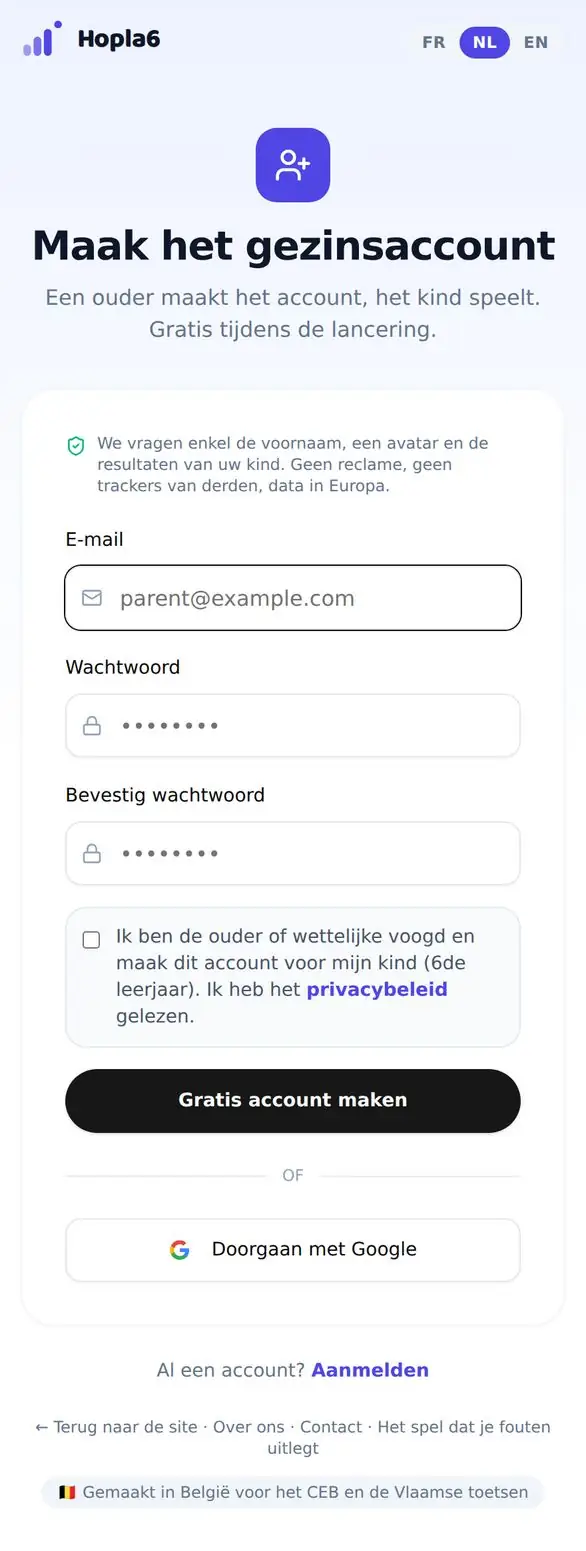 Het formulier: e-mail, wachtwoord, bevestiging, aankruisvakje.