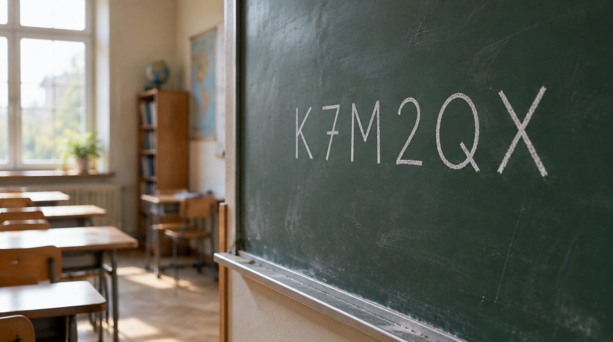 Un code de classe écrit à la craie sur un tableau vert dans une classe vide