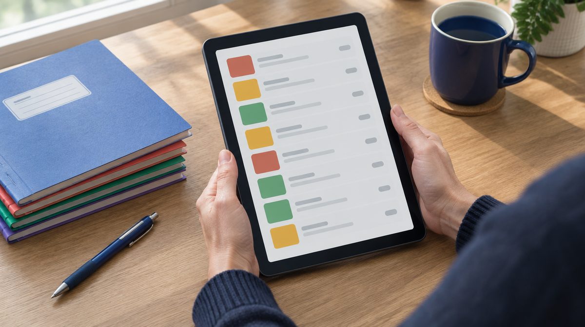 Une tablette montrant la carte de la classe : une liste de thèmes en rouge, orange et vert