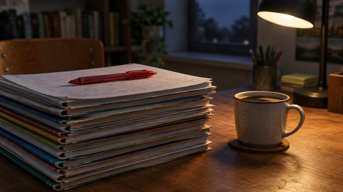 Une pile de cahiers corrigés et un stylo rouge sur un bureau
